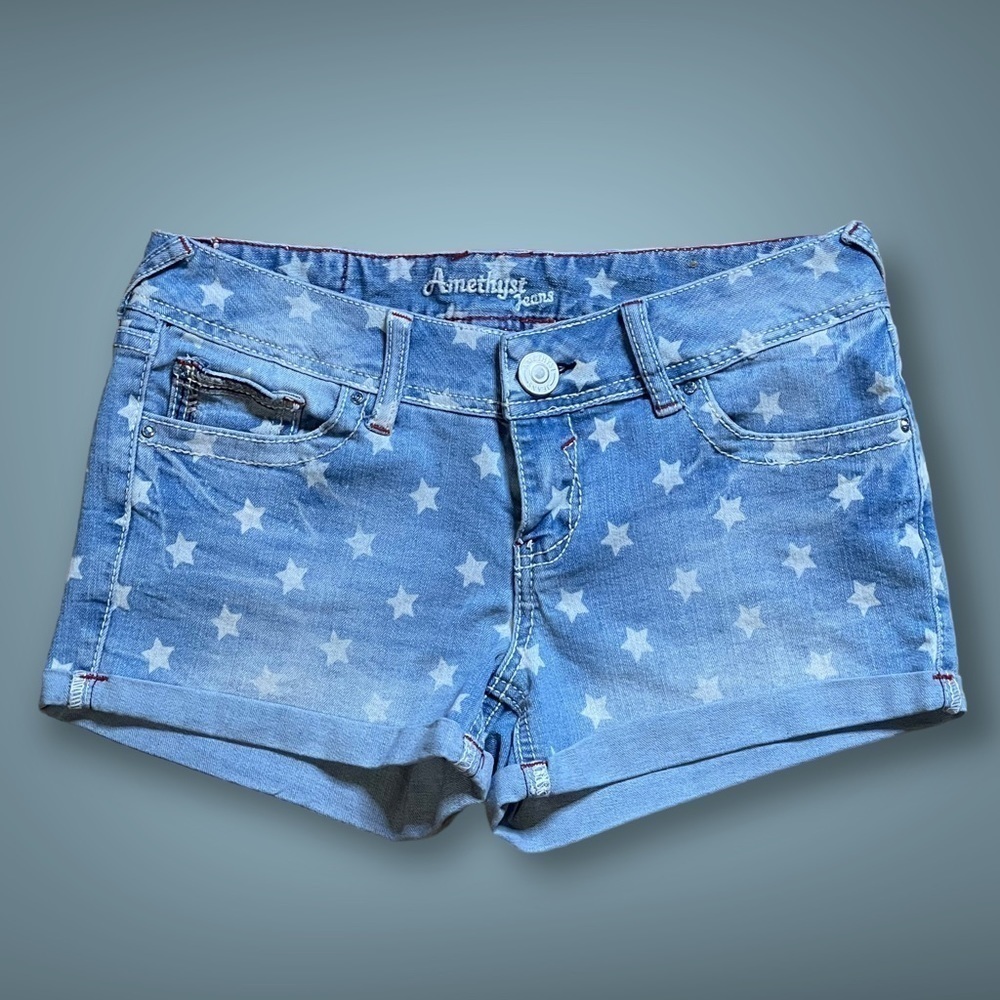 Y2K Amethyst Loren Juniors Blue Denim Star Print Shorts Size 3 Low Rise Atomic